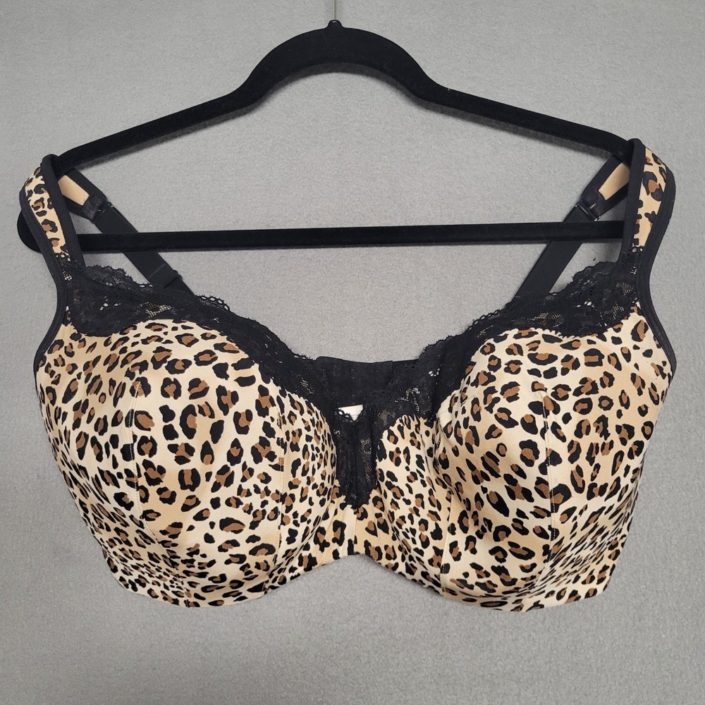 Cacique 38G Balconette Bra Leopard Print Lace Trim Underwire Tan Black Brown